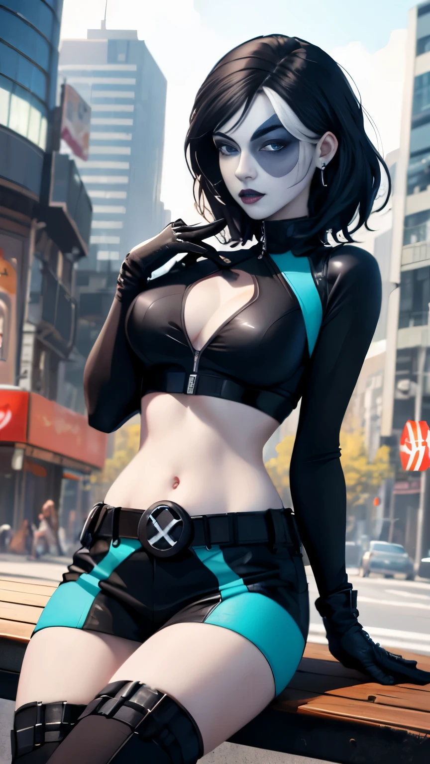 (Highly quality, masterpiece, detailed), city detailed scenario, city detailed background, solo, 1 woman, black hair, white hair highlight, marveldomino, colored skin, makeup, leather cropped top, sleeves, gloves, belt, belly button piercing, bite her lips, blue eyes, sitting on a bench, beautiful eyes, look at the viewer, Sexy pose