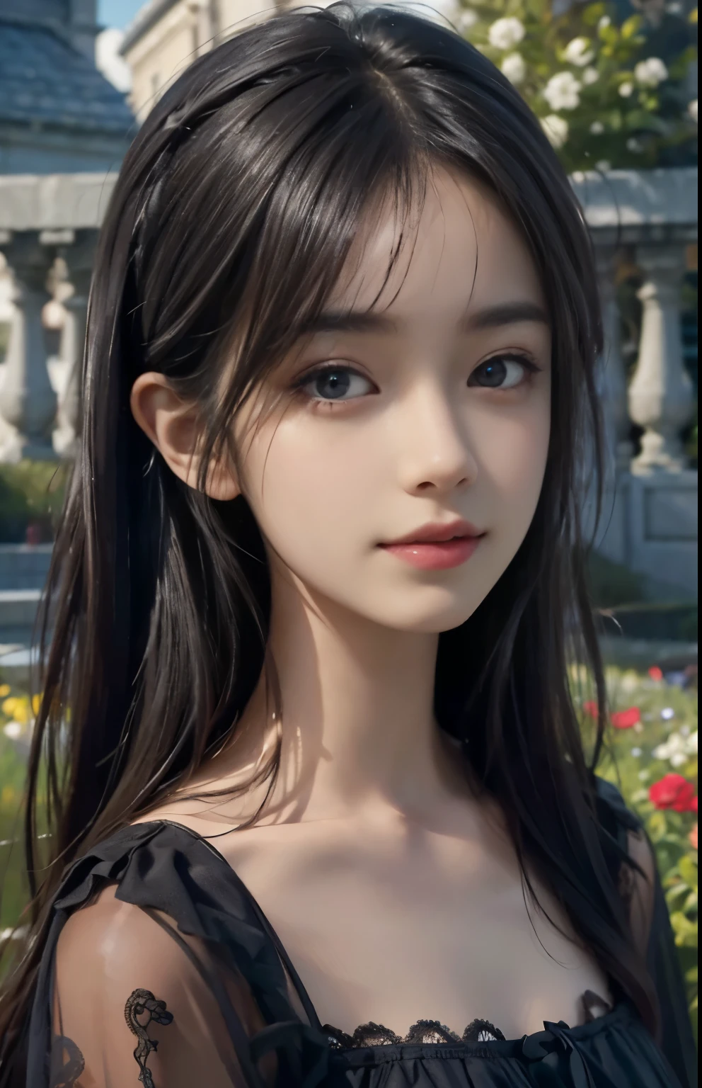 (ultra realistic) , (illustration), (increase resolution), (8K), (extremely detailed), (best illustration), (beautiful detailed eyes), (best quality), (ultra-detailed), (masterpiece),  (wallpaper), (detailed face), solo,1 girl, looking at viewers, black straight hair, delicate details,  in the dark, deep shadow, low key, pureerosfaceace_v1, happy smile, dark summer dress, full body, garden
