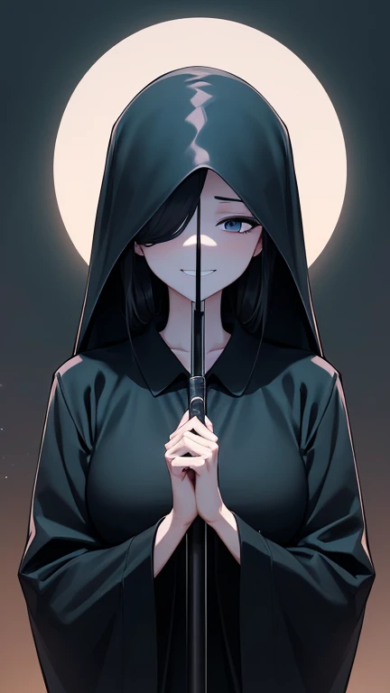 (best quality, 8k, highres, masterpiece:1.2), ultra-detailed, gentle, cool, female grim reaper, observes, calm demeanor, wearing, serene smile, presence brings, deep understanding, death, kindness, compassion