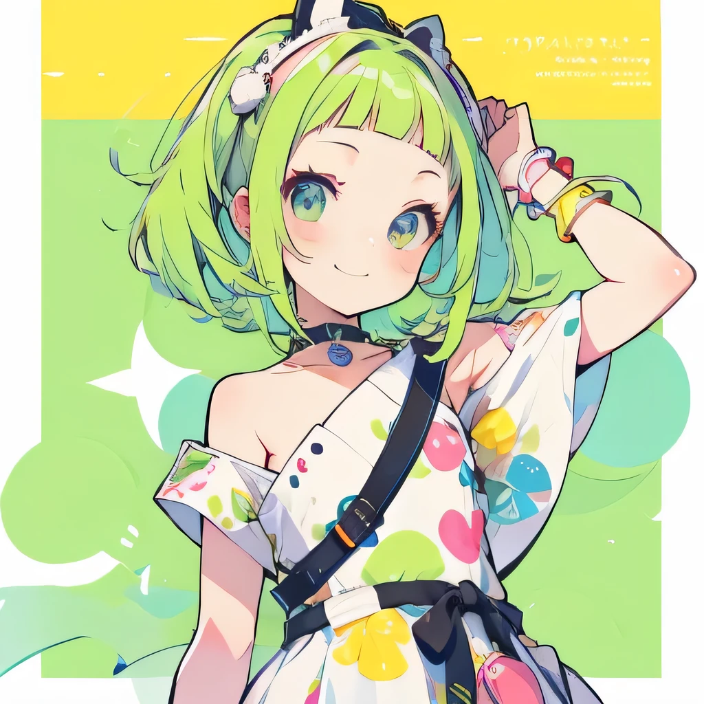 Girly girl, happy, colorful, flat, harajuku, posing, green hair, innocent, smiling, beautiful, face focus, face close-up, short bangs, cute, bubbly, white background, no shirt, naked