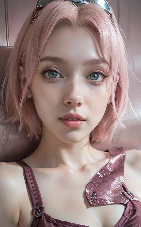 young woman, short shoulder-length pink hair, wide forehead, porcelain skin, pink eyebrows, big emerald green eyes, buttoned nose, full lips, heart-shaped face, slender body, small breasts, red tank top, Sakura Haruno , realistic, realism, details, 3d, well detailed
