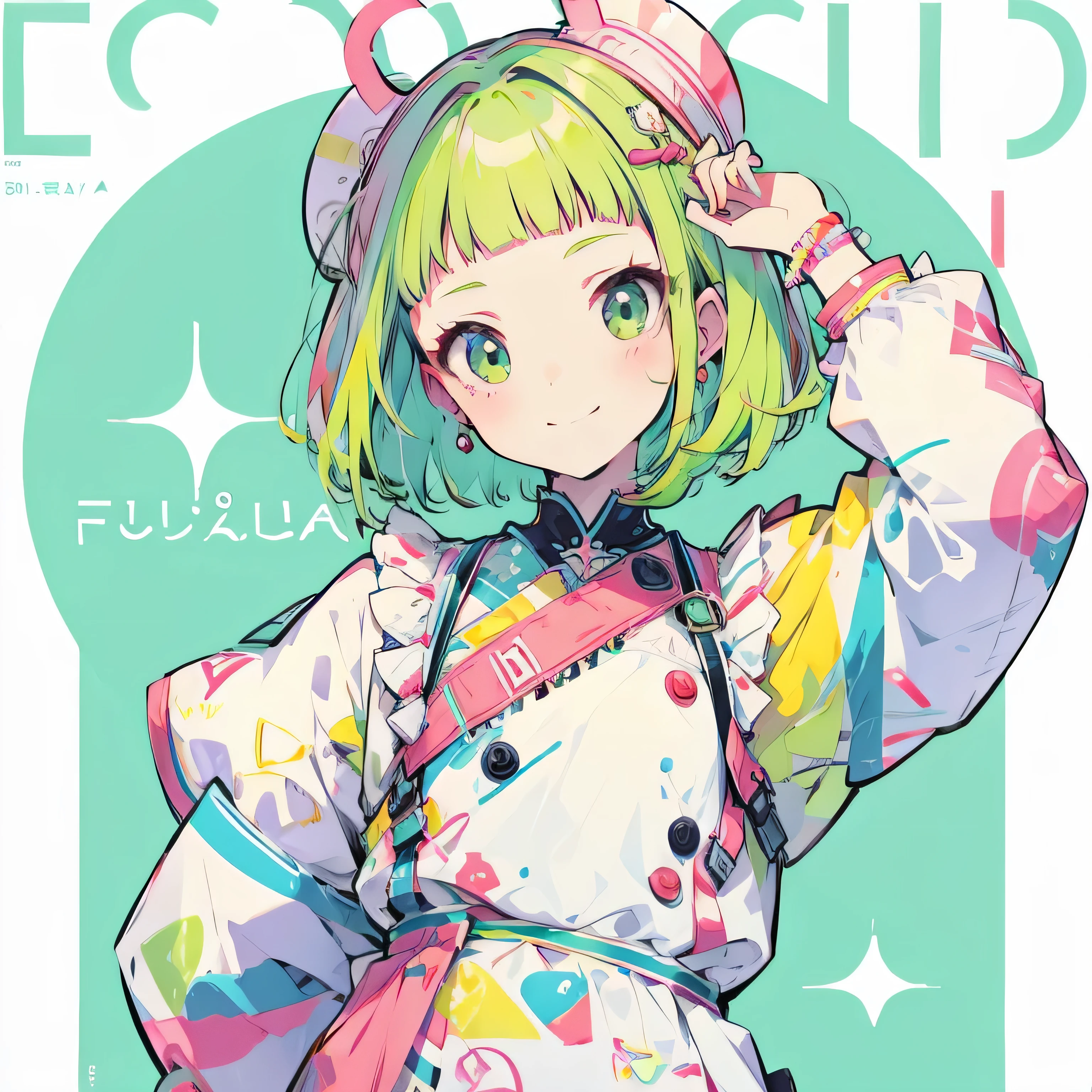 Girly girl, happy, colorful, flat, harajuku, posing, green hair, innocent, smiling, beautiful, face focus, face close-up, short bangs, cute, bubbly, white background, short hair, smiling, red cheeks