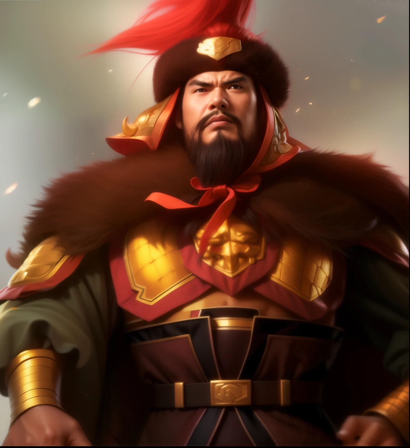 close-up：one in costume、with a beard、Man with red mohawk hairstyle, Mongol, , Guan yu, bian lian, Inspired by Li Kan, Inspired by Wu Bin, Inspired by Hu Zaobin, Inspired by Cao Zhibai, photo of , Inspired by Huang Ding, inspired by Wu Zuoren