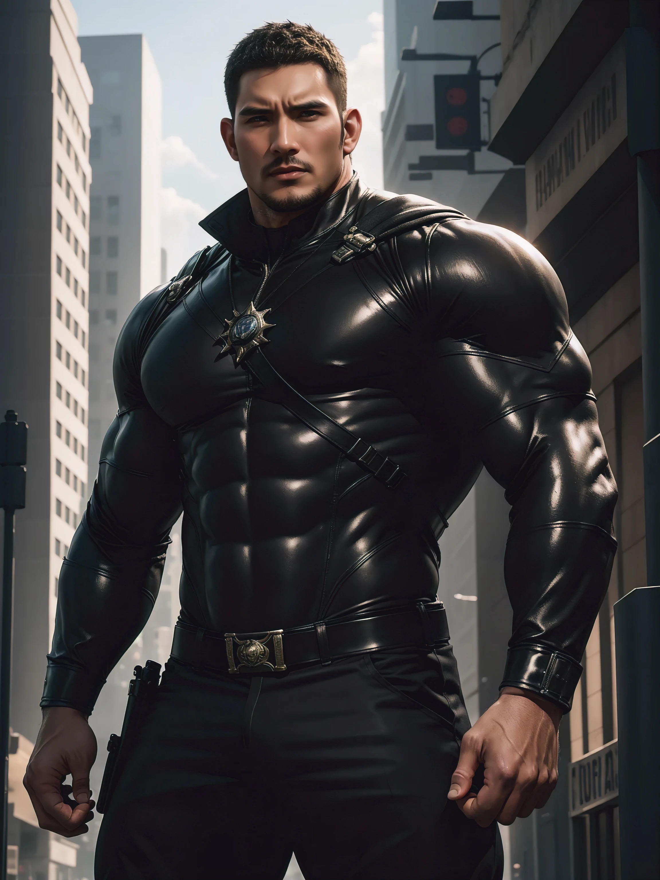 One Tall giant muscular police officer, Chinese police hat, Big black mask, On the outdoor street, Brown Superhero Bodysuit, The expression is arrogant, Lift your chin, disheveled hair, thick thighs, Brown Superhero Bodysuit, Very tight, Regular symmetrical pattern, Accentuate muscles, Police uniform pants, character concept（Resident Evil - chris redfield, chris redfield）proud expression, Deep and charming eyes, heroic male pose, tall burly, muscular！muscular thighs, tough guy, perfect facial features, High, burly, Heqiang, Super gain and cool, high resolution committee, Charming strong man, The sun is blazing, Dazzling