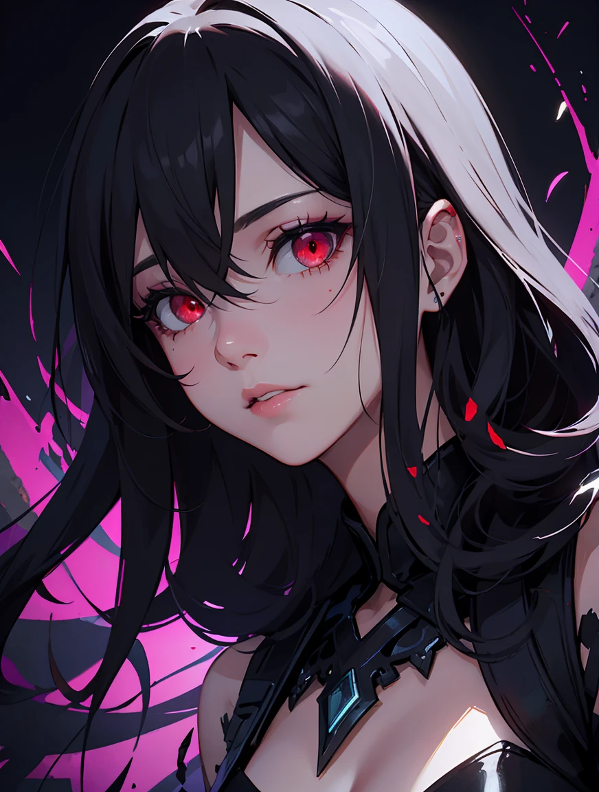 (detailed background,dark fantasy), (beautiful detailed face), high contrast, (best illumination, an extremely delicate and beautiful), ((cinematic light)), colorful, hyper detail, dramatic light, intricate details, (1 girl, solo,black hair, sharp face,red eyes, hair between eyes,dynamic angle), blood splatter, swirling black light around the character, depth of field,black light particles,(broken glass),