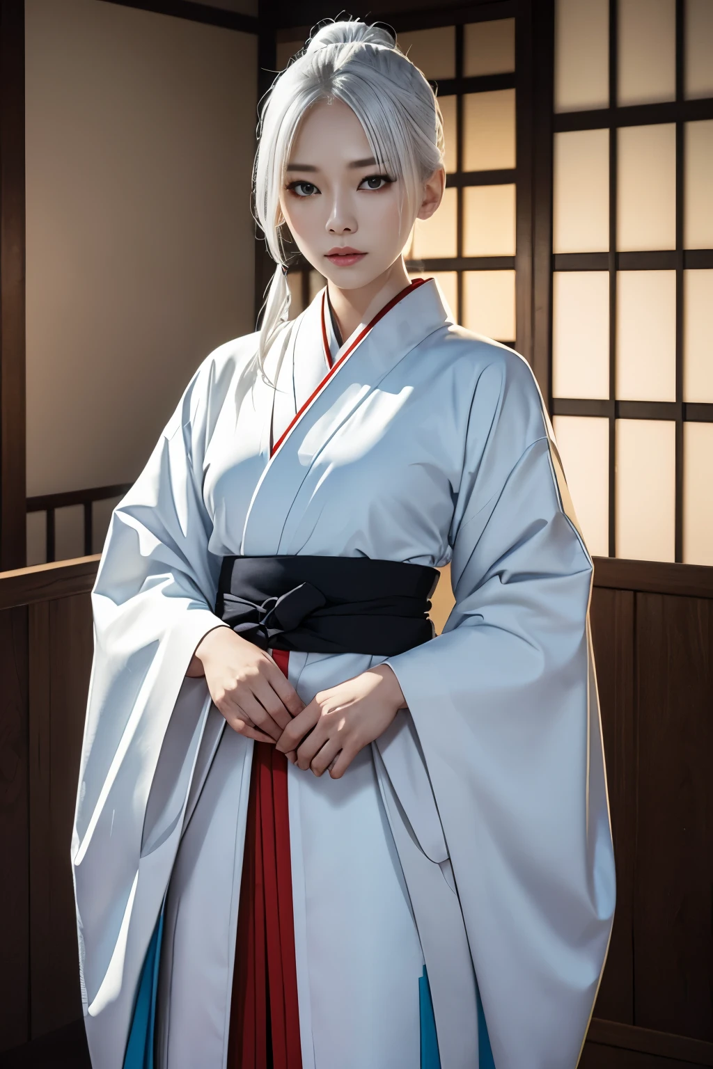 (a beautiful woman, white skin with white snakeskin),(silver hair),(yellow cat eyes),(red stripe makeup under each eye),(she wears a white haori/Japanese coat over a light blue kimono with black hakama/Japanese pants), (expression of tranquility), beautiful face, 8k, extremely detailed