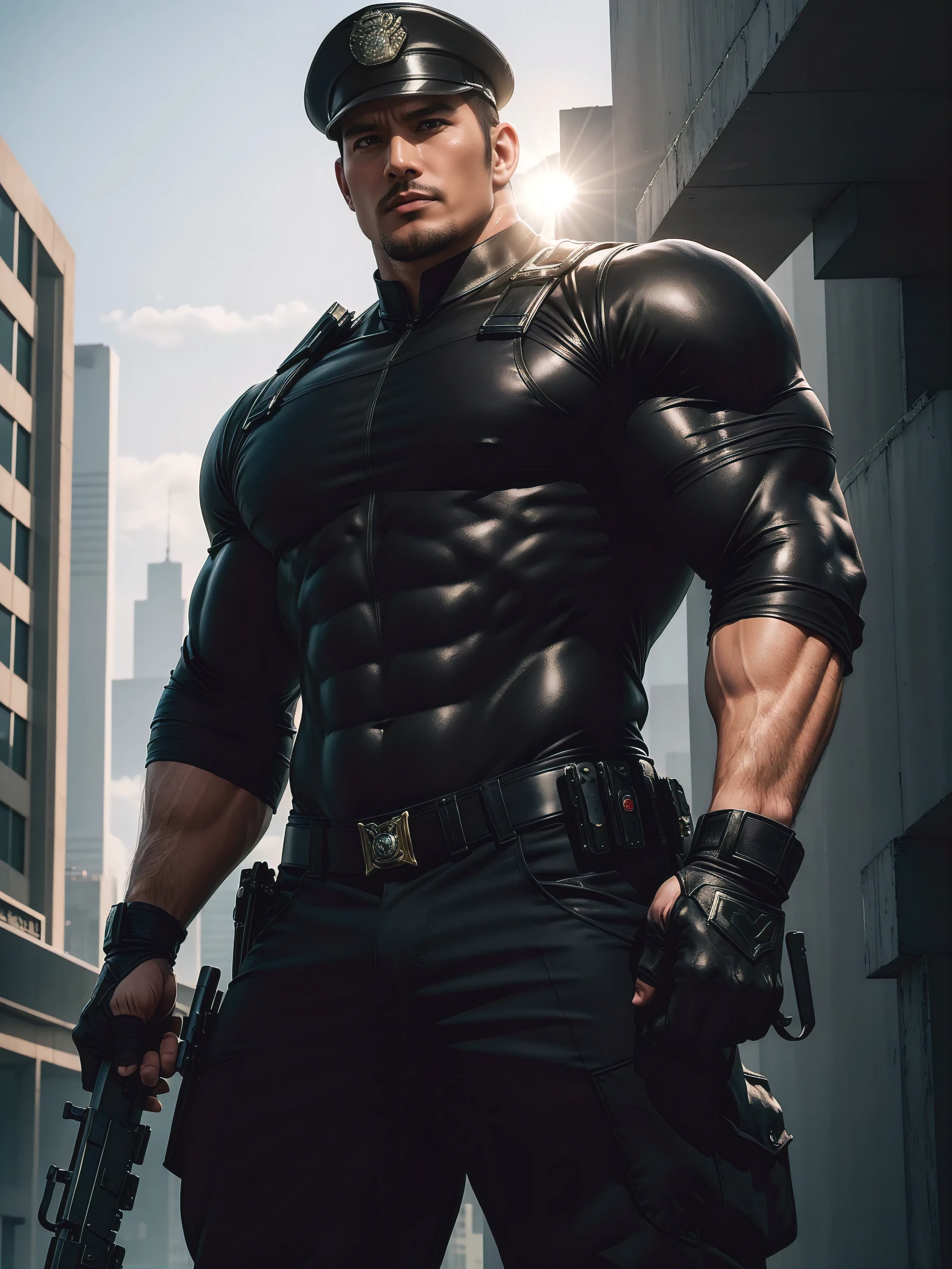 One Tall giant muscular police officer, Chinese police hat, Big black mask, On the outdoor street, Brown Superhero Bodysuit, The expression is arrogant, Lift your chin, disheveled hair, thick thighs, Brown Superhero Bodysuit, Very tight, Regular symmetrical pattern, Accentuate muscles, Police uniform pants, character concept(Resident Evil - chris redfield, chris redfield)proud expression, Deep and charming eyes, heroic male pose, tall burly, muscular!muscular thighs, tough guy, perfect facial features, High, burly, Heqiang, Super gain and cool, high resolution committee, Charming strong man, The sun is blazing, Dazzling