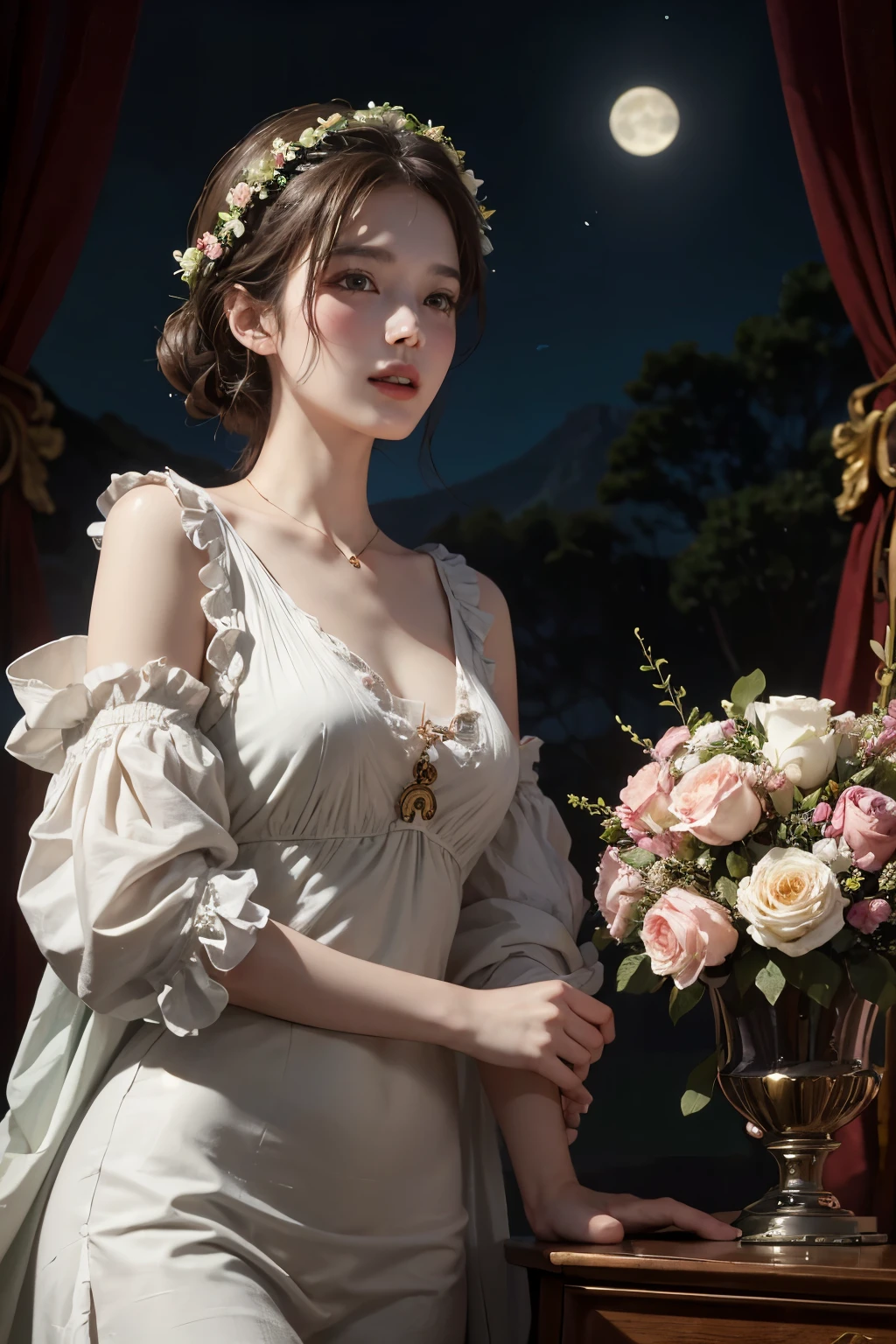 jacques louis david(Jacques-Louis David) picture style,A debate between two female philosophies,math、astronomical machine、astronaut、roses in vase、fruit、cute ornaments、laugh、Korean beauty in ancient Greek costume, The background is a forest lake at night 、clothes that straighten the shoulders、A big laugh、full moon,
