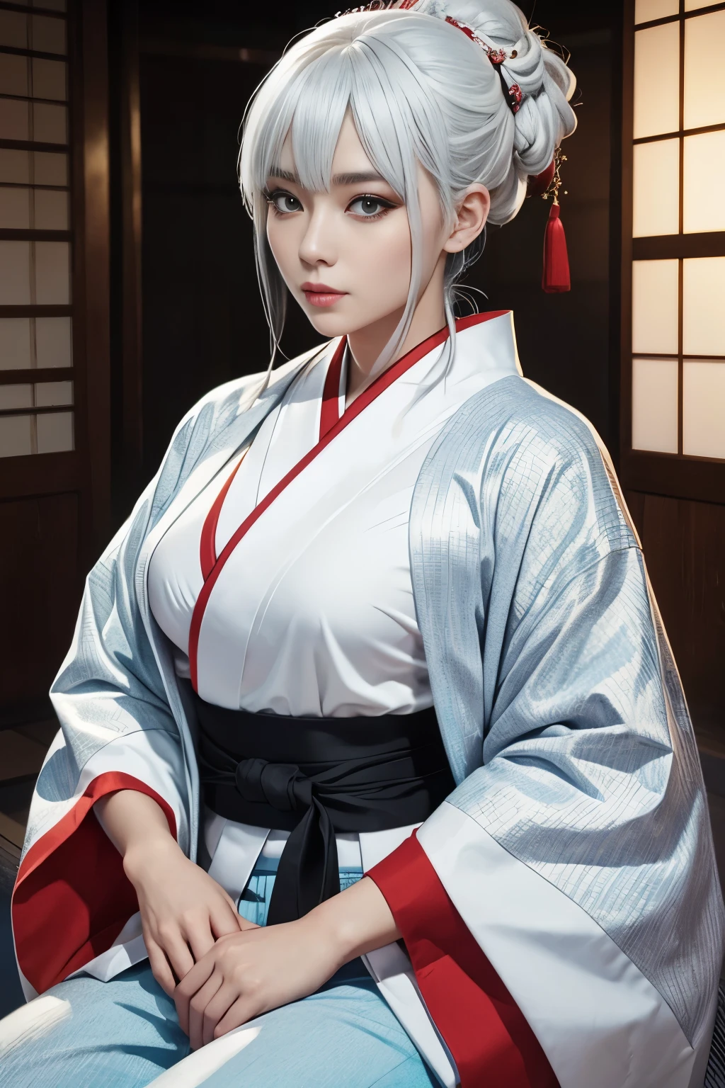 (a beautiful woman, white skin with white snakeskin),(silver hair),(yellow cat eyes),(red stripe makeup under each eye),(she wears a white haori/Japanese coat over a light blue kimono with black hakama/Japanese pants), (expression of tranquility), beautiful face, 8k, extremely detailed