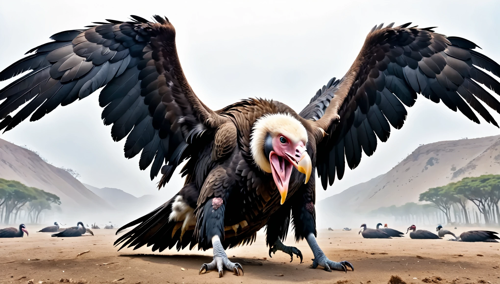 (master piece), 8k, best quality, giant vulture two meters tall with open wings four meters wide, sharp legs, lying on the ground face up, passed out.
