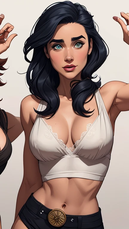 Alison Tyler as a realistic and intricate cyborg face of perfect beauty, 20 years old, full body, athletic body, in comic book panel, full body, bold lineart illustration comic, seductive blue eyes, parted lips, perfect body, long black hair, nsfw:1.8, in the style of Adam Hughes, detailed face, parted lips, big ass, big , cleavage, (((from face to waist))), (((shape of fine beauty))), wearing a very small and sexy white lingerie with red lace, black background (work of art), 4K, Ultra HD