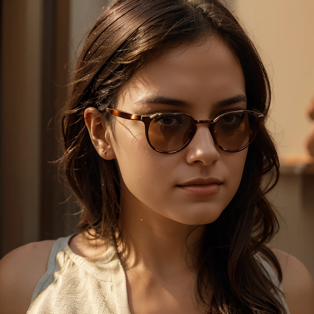 a woman with dark glasses, bathed in all warm colors, creative image, 4k
