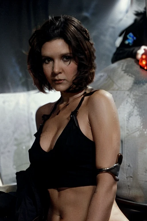 carrie fisher, short hair over shoulders, black hair, dark hair woman, wearing a gray tank top and black, the matrix style, tactical shoulder holster, .50 deagle pistol