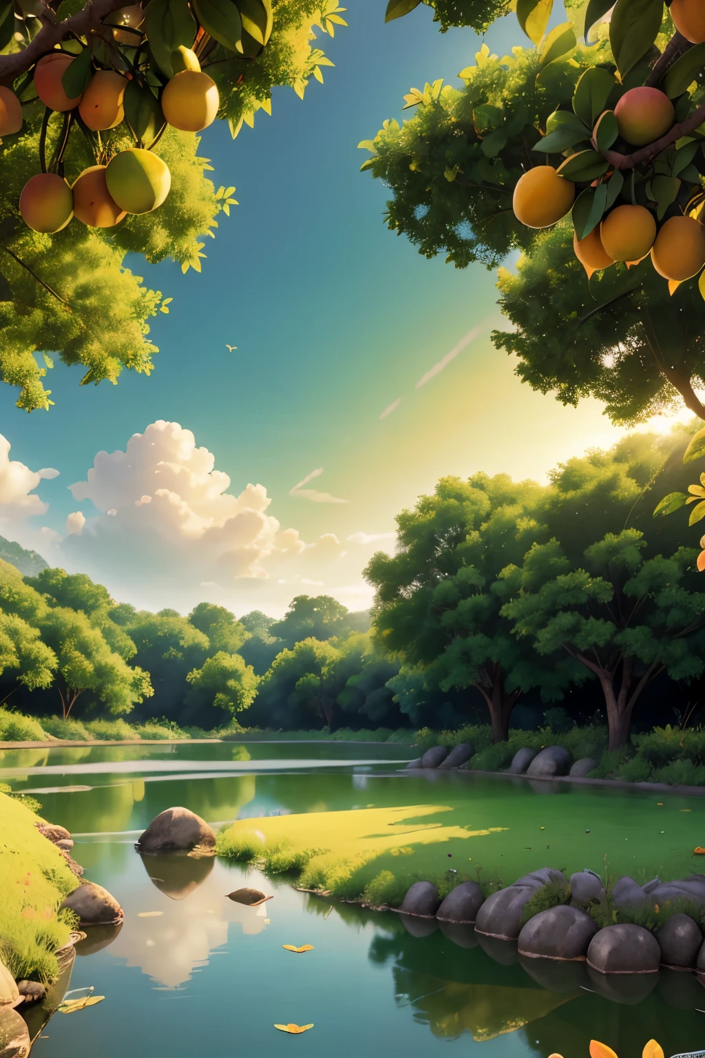 Wallpaper, Mango Season, Green Plum Tree, Rural, Rural, Warm Weather, Early Morning Sun, HD Detail, Wet Watermark, Hyperdetail, Cinematic, Surrealism, Soft Light, Deep Field Focus Bokeh, Ray Tracing, Diffusion (Ultrafine Glass Reflection) and Surrealism. --v6