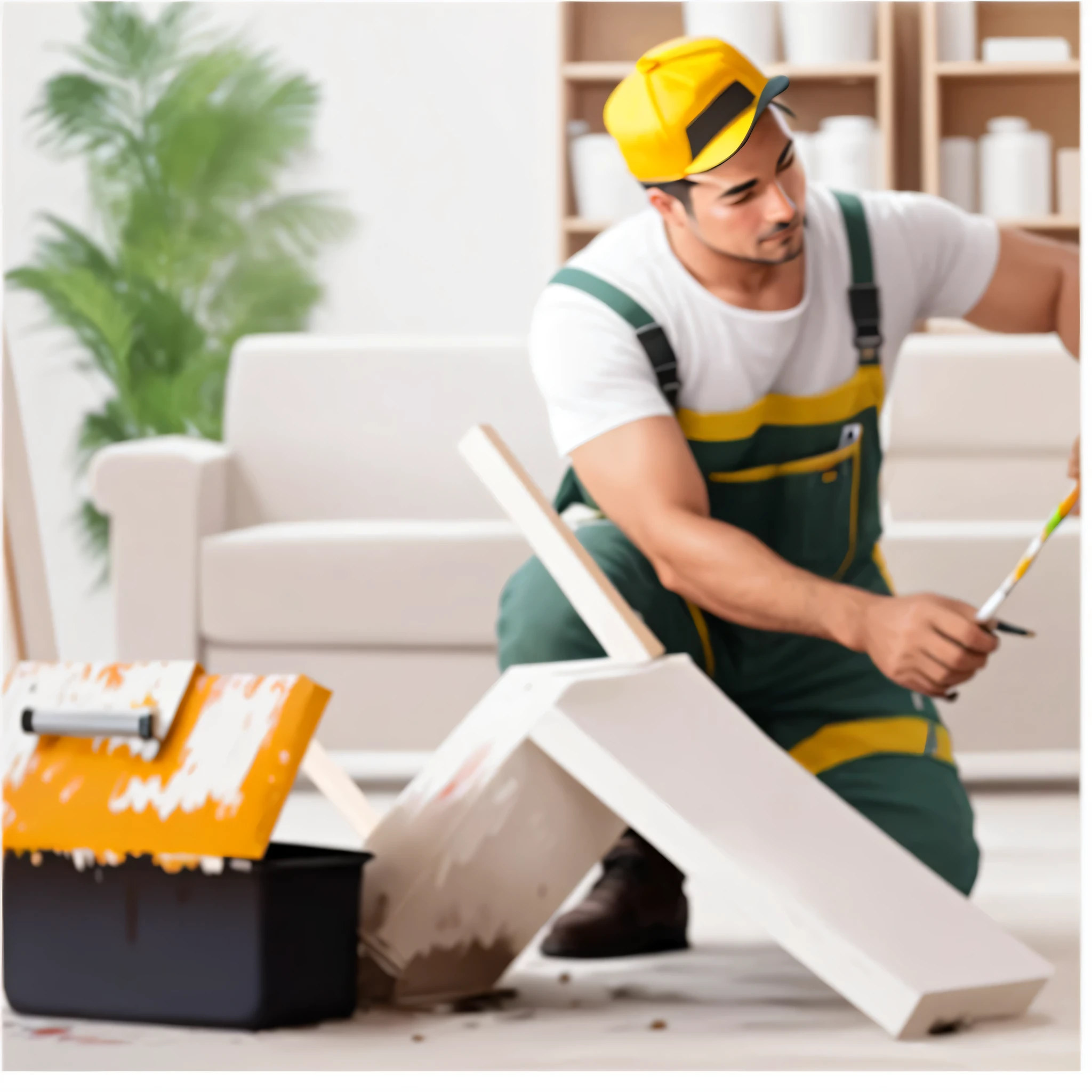 A man in work clothes、A man wearing a hat is painting a wall, User photo, professional, professional work, expert, maintain, Advertising photos, DIY, expert artist, Check stock images, very professional, professional image, Business photo, Edited, And the handyman, professionally, professional artist, a carpenter, maintain photo, professional painting, furniture overturned