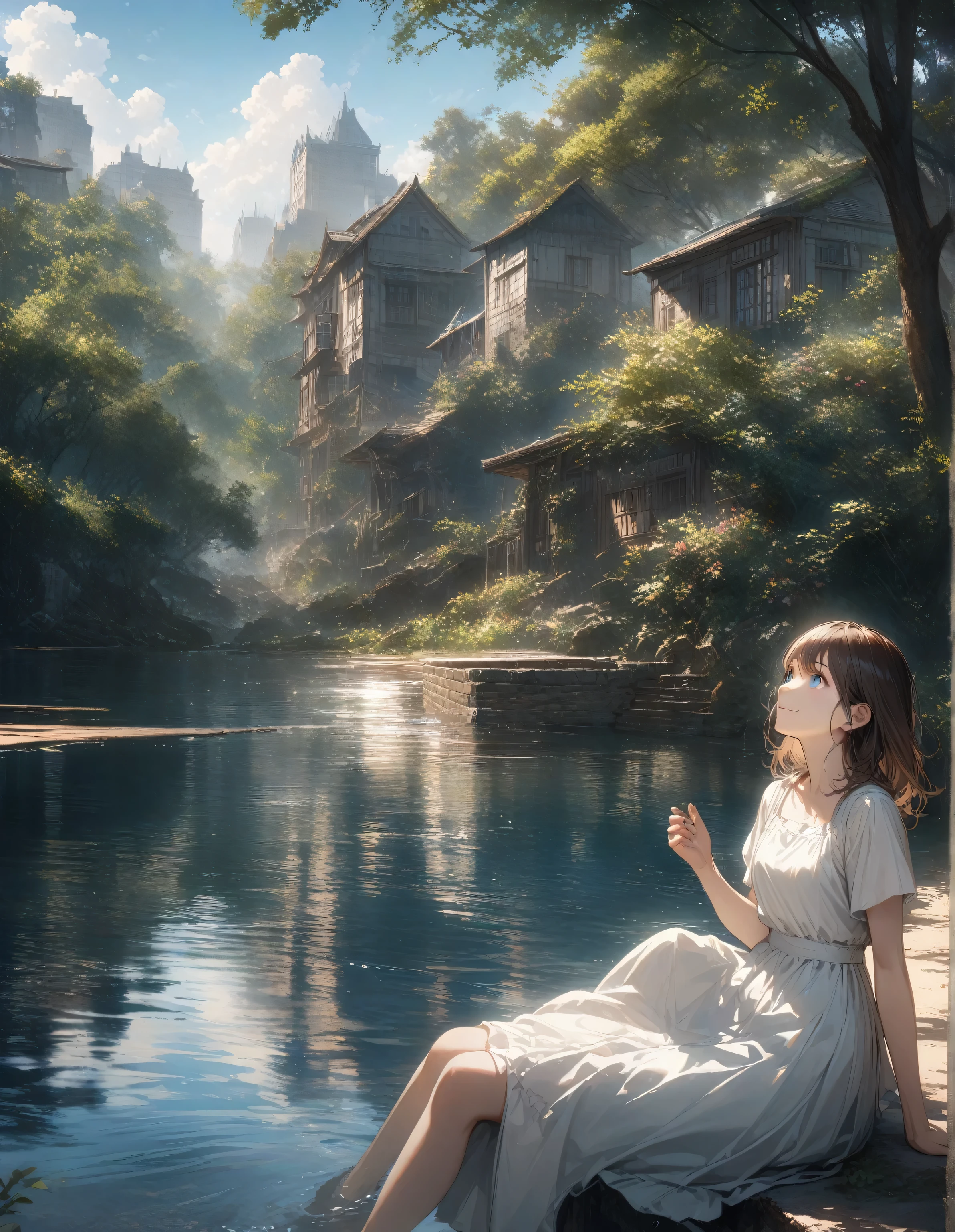 photorealistic scenery, an extremely delicate and beautiful girl, looking up to the sky, realistic eyes, smiling, long brown hair, blue eyes, white dress, sitting, trees, no humans, clear blue sky, cloud, outdoors, reflection, building, water, daylight, blurry, summer, shadow, scenery, 8k wallpaper, detailed face depiction, masterpiece, Cinematic Lighting, best quality, Illustration