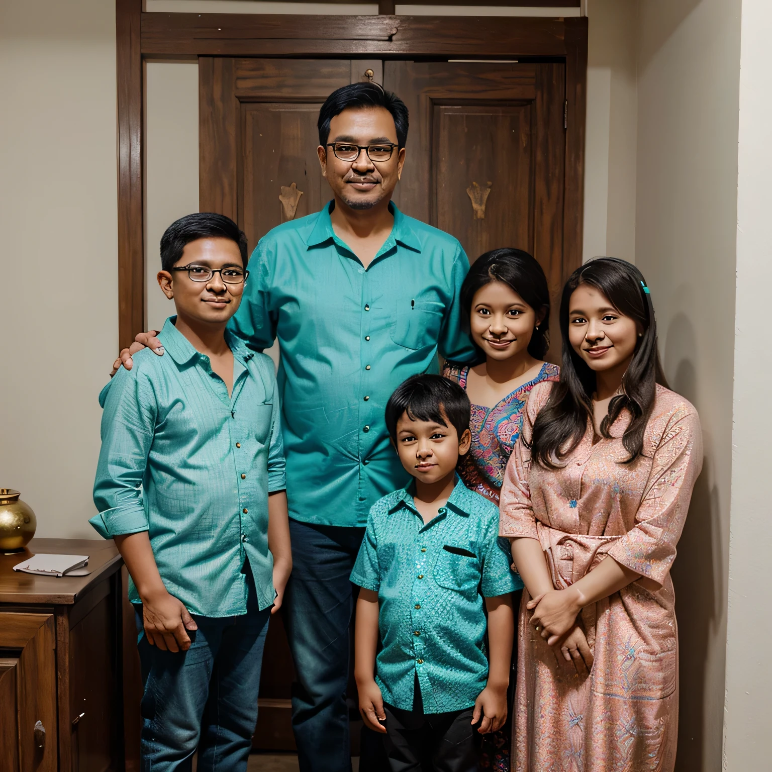 Studio photo of an Indonesian Muslim family against a plain gray wall with softbox lighting, taken with a DSLR camera. 45 year old father, 32 year old mother have 6 children. The 1st is a girl aged 13 ye 2nd child is a boy aged 12 years, the a boy aged 10 years, the 4th is a aged 7 years, the 5th is a girl 5 years and children The 6 boys are 6 months old. The bespectacled fa a turquoise batik shirt, the mother wears a turquoise green shirt with a veil, the son wears a turquoise batik shirt, the daughter wears a turquoise batik shirt with a white veil. They smiled happily while standing side by side. There is a flower vase on the side table as a prop.