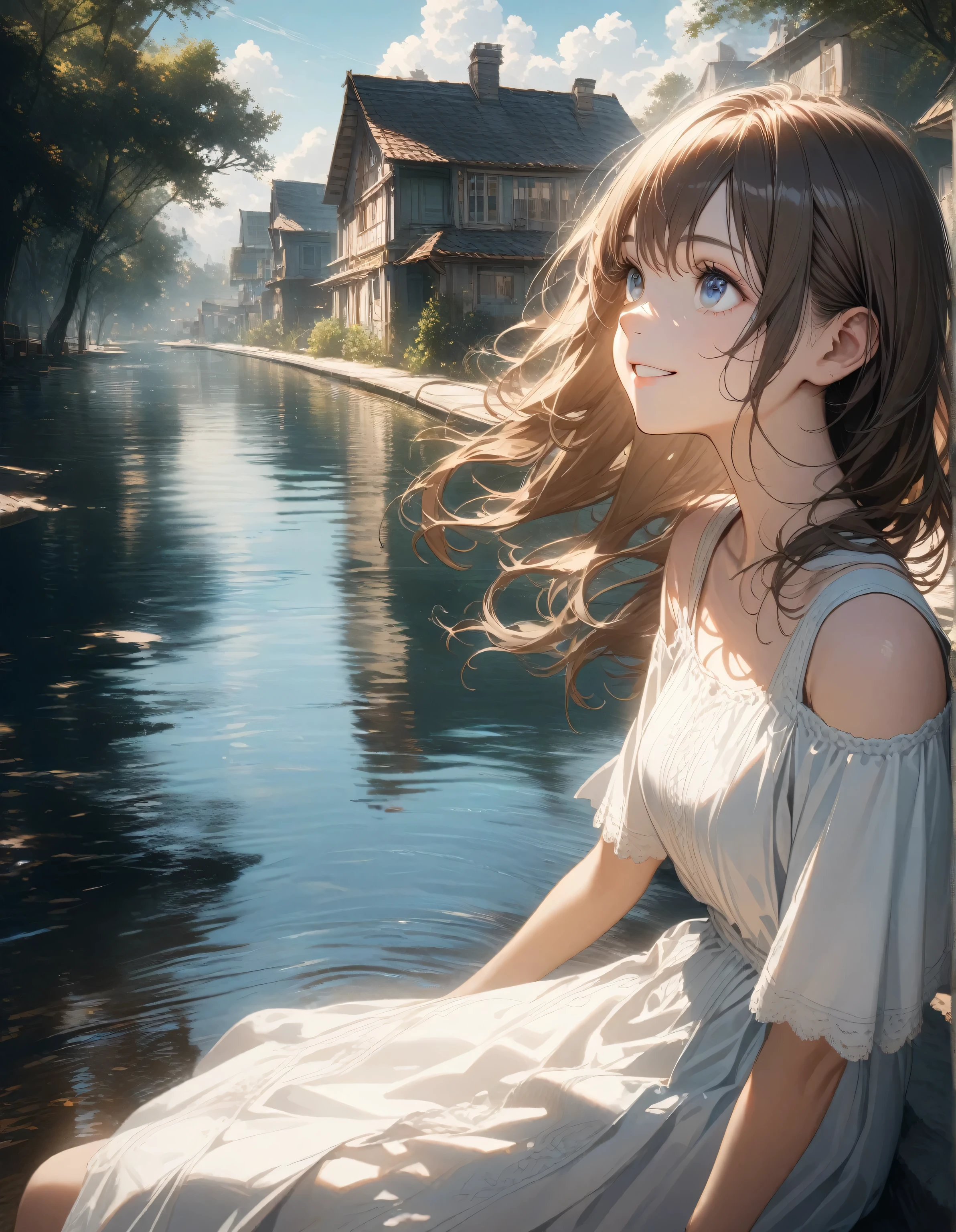 photorealistic scenery, an extremely delicate and beautiful girl, looking up to the sky, realistic eyes, smiling, long brown hair, blue eyes, white dress, sitting, trees, no humans, clear blue sky, cloud, outdoors, reflection, building, water, daylight, blurry, summer, shadow, scenery, 8k wallpaper, detailed face depiction, masterpiece, Cinematic Lighting, best quality, Illustration