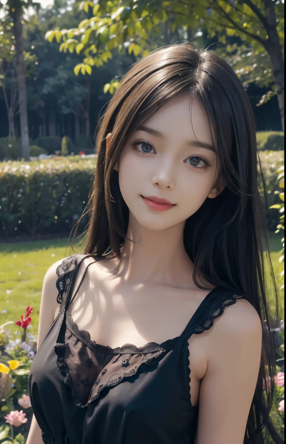 (ultra realistic) , (illustration), (increase resolution), (8K), (extremely detailed), (best illustration), (beautiful detailed eyes), (best quality), (ultra-detailed), (masterpiece), (wallpaper), (detailed face), solo,1 girl, looking at viewers, black straight hair, delicate details, in the dark, deep shadow, low key, pureerosfaceace_v1, happy smile, dark summer dress, full body, garden