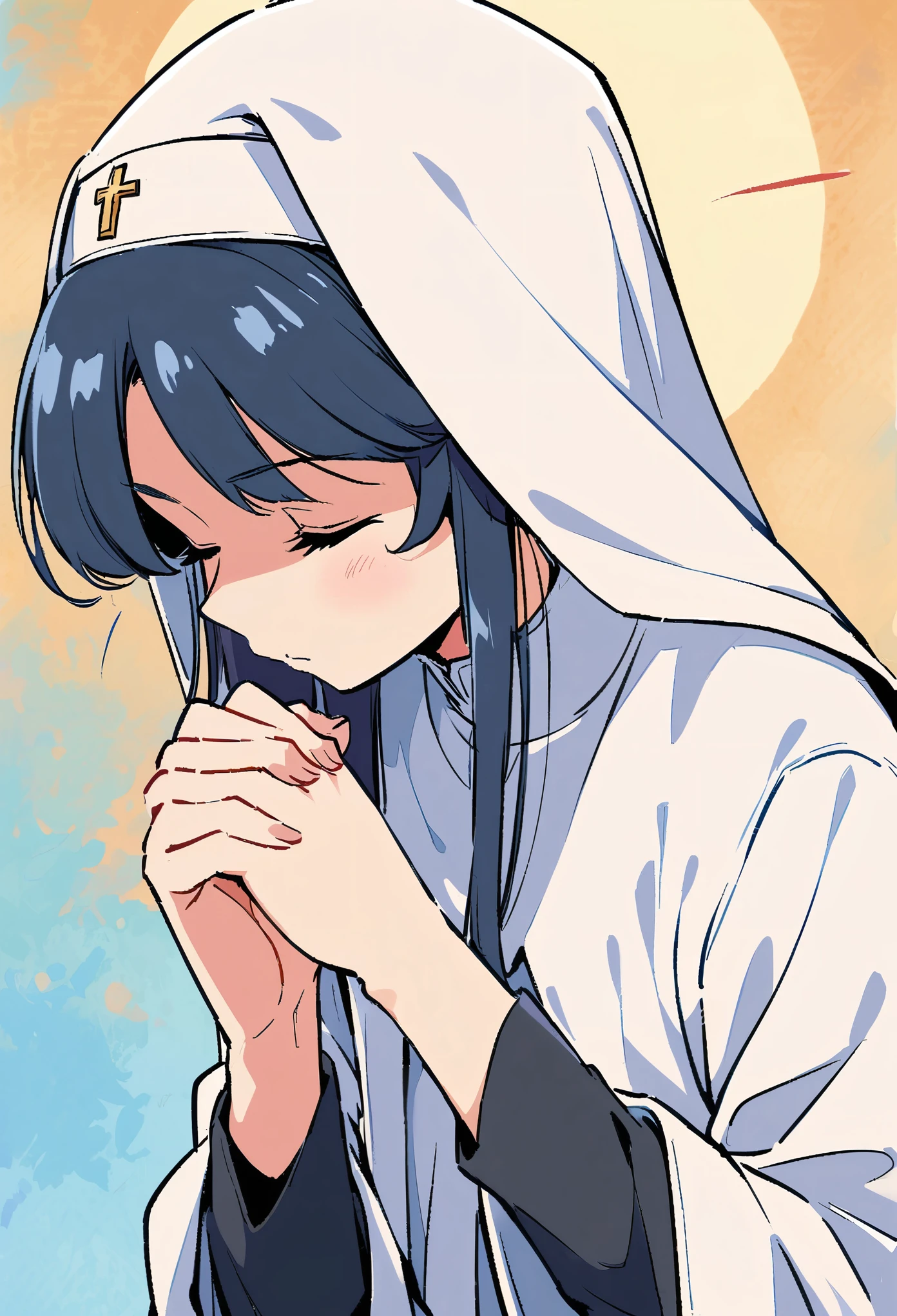 nun，Rumiko Takahashi style，pray, own hands clasped
