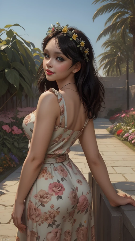 Adorable, mature Woman,detailed big-eyed woman, round face. promenent red lips. Smileing,In the garden, large ass, wearing a cute floral sun dress. flower crown, Flower belt draped around waist. Picture from the side,looking at the scenes, intense colors, Very valuable details, complex details, volumetric lighting, digital art, 8k, trending on Artstation, Clear focus, complex details, highly detail, Greg Rutkowski Big Eyes, high-resolution, Black hair. Molly Quinn, attractive chest, .Photorealistic. Confidence, self esteem, assertiveness, dominance. wide Amused smile. Sultry expression.
