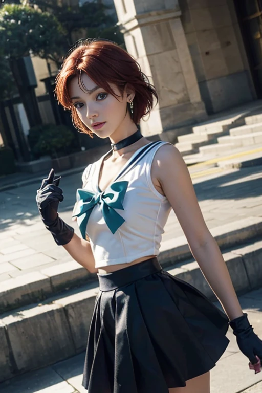 close up, 1 girl, sailor neptune, (sailor senshi:1.2), (aqua eyes:0.9),( Red hair 1.2}, short hair, Wedge skirt, best quality, earrings, masterpiece, high resolution, intricate details, (Reality), photography, (Black Elbow Gloves:1.1), jewelry, medium breasts, whole body, dynamic background,( Dynamic Pose 0.8)(dynamic angle:1.4)