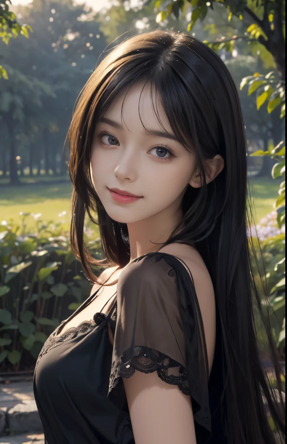 (ultra realistic) , (illustration), (increase resolution), (8K), (extremely detailed), (best illustration), (beautiful detailed eyes), (best quality), (ultra-detailed), (masterpiece), (wallpaper), (detailed face), solo,1 girl, looking at viewers, black straight hair, delicate details, in the dark, deep shadow, low key, pureerosfaceace_v1, happy smile, dark summer dress, full body, garden