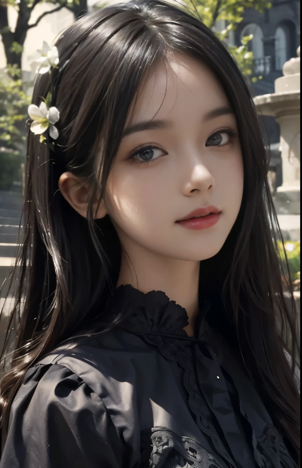 (ultra realistic) , (illustration), (increase resolution), (8K), (extremely detailed), (best illustration), (beautiful detailed eyes), (best quality), (ultra-detailed), (masterpiece),  (wallpaper), (detailed face), solo,1 girl, looking at viewers, black straight hair, delicate details,  in the dark, deep shadow, low key, pureerosfaceace_v1, happy smile, dark summer dress, full body, garden