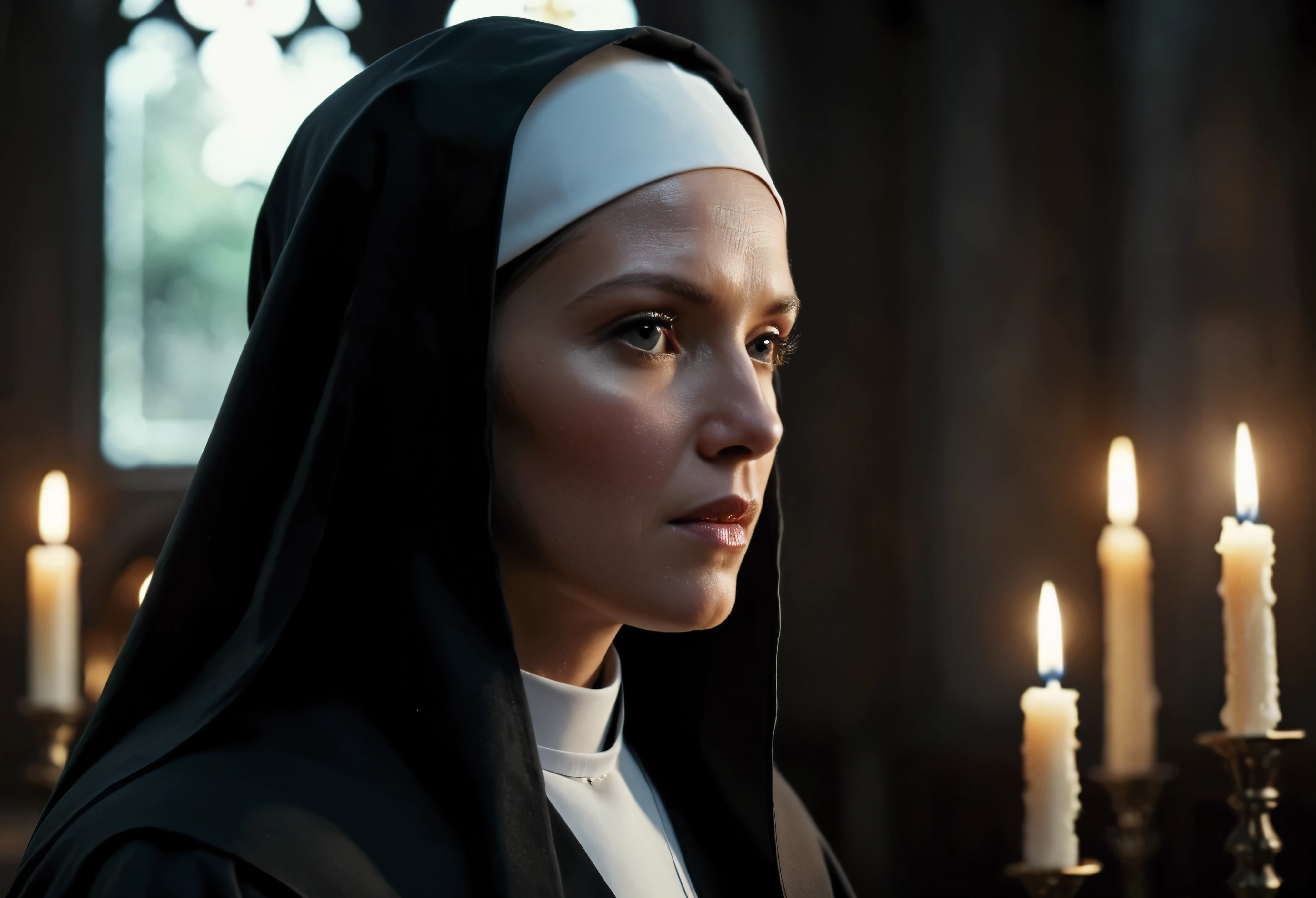 ((Masterpiece in maximum 16K resolution):1.6),((soft_color_photograpy:)1.5), ((Ultra-Detailed):1.4),((Movie-like still images and dynamic angles):1.3). | (Macro shot cinematic photo of a Pretty Nun in a chapel), ((Beautiful Nun):1.2), (A solemn chapel), (macro lens), (exotic antiques), (Dark Candles), (luminous object), (Mysterious atmosphere), (shimmer), (aesthetic ornaments), (visual experience),(Realism), (Realistic),award-winning graphics, dark shot, film grain, extremely detailed, Digital Art, rtx, Unreal Engine, scene concept anti glare effect, All captured with sharp focus. | Rendered in ultra-high definition with UHD and retina quality, this masterpiece ensures anatomical correctness and textured skin with super detail. With a focus on high quality and accuracy, this award-winning portrayal captures every nuance in stunning 16k resolution, immersing viewers in its lifelike depiction. | ((perfect_composition, perfect_design, perfect_layout, perfect_detail, ultra_detailed)), ((enhance_all, fix_everything)), More Detail, Enhance.