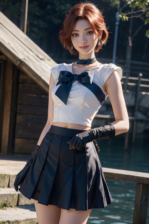 close up, 1 girl, sailor neptune, (sailor senshi:1.2), (aqua eyes:0.9),( Red hair 1.2}, short hair, Wedge skirt, best quality, earrings, masterpiece, high resolution, intricate details, (Reality), photography, (Black Elbow Gloves:1.1), jewelry, medium breasts, whole body, dynamic background,( Dynamic Pose 0.8)(dynamic angle:1.4),Super detailed face,Highly detailed and professional lighting,Smile,perfect hands