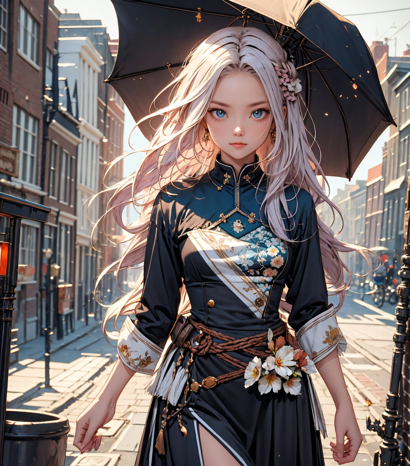 (gradient hair, dutch angle:1.3), film grain, chromatic aberration, city centre, masterpiece, risbeauty, best quality, raw photo, photorealistic, absurdres, 1girl, cute, perspective, cowboy shot, highres, ultra detailed, finely detail, detailed eyes and face, sharp pupils, realistic pupils, sharp focus, summer, night,