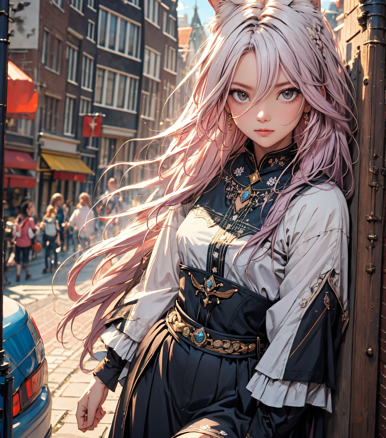 (gradient hair, dutch angle:1.3), film grain, chromatic aberration, city centre, masterpiece, risbeauty, best quality, raw photo, photorealistic, absurdres, 1girl, cute, perspective, cowboy shot, highres, ultra detailed, finely detail, detailed eyes and face, sharp pupils, realistic pupils, sharp focus, summer, night,