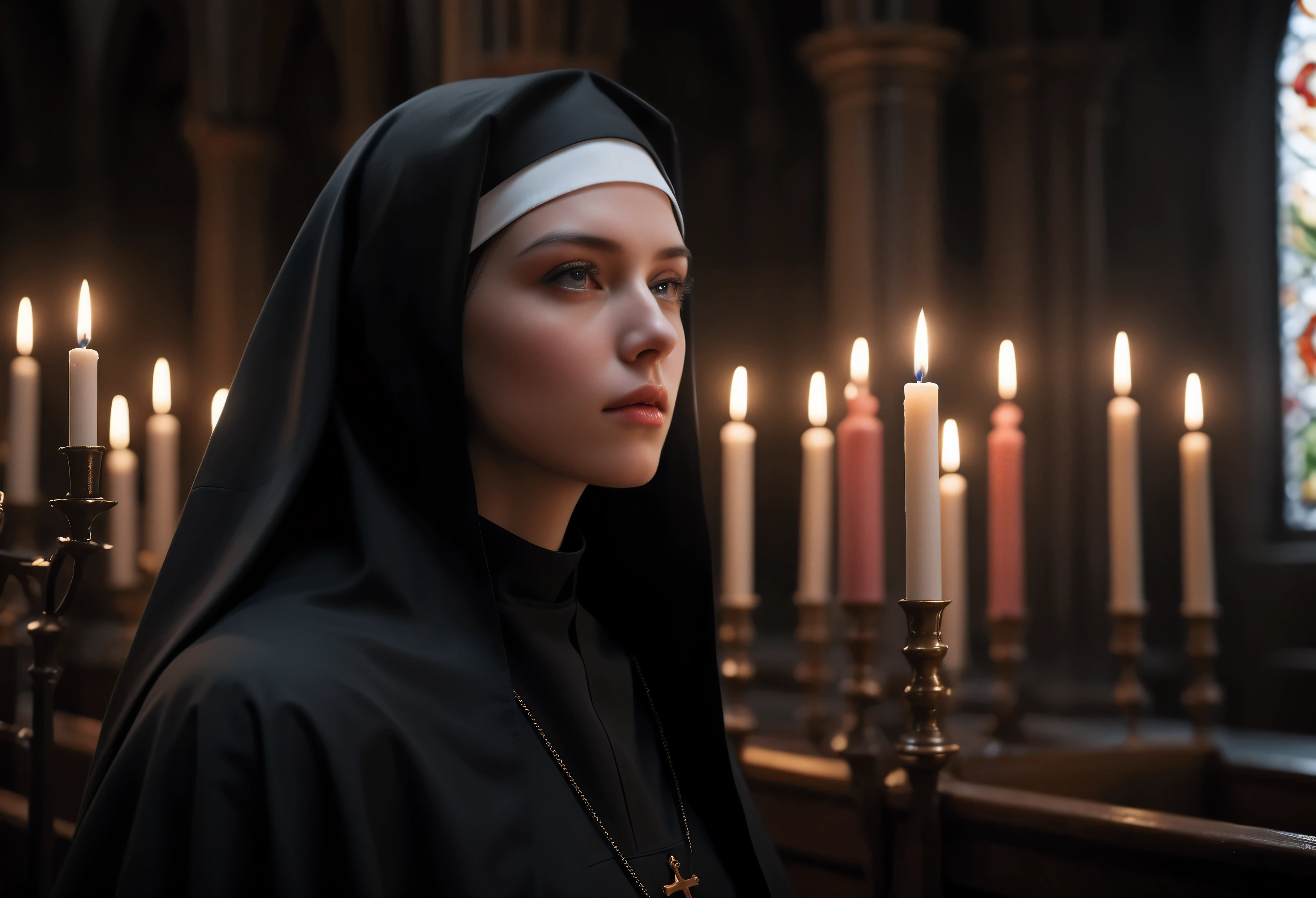 ((Masterpiece in maximum 16K resolution):1.6),((soft_color_photograpy:)1.5), ((Ultra-Detailed):1.4),((Movie-like still images and dynamic angles):1.3). | (Macro shot cinematic photo of a Pretty Nun in a chapel), ((Beautiful Nun):1.2), (A solemn chapel), (macro lens), (exotic antiques), (Dark Candles), (luminous object), (Mysterious atmosphere), (shimmer), (aesthetic ornaments), (visual experience),(Realism), (Realistic),award-winning graphics, dark shot, film grain, extremely detailed, Digital Art, rtx, Unreal Engine, scene concept anti glare effect, All captured with sharp focus. | Rendered in ultra-high definition with UHD and retina quality, this masterpiece ensures anatomical correctness and textured skin with super detail. With a focus on high quality and accuracy, this award-winning portrayal captures every nuance in stunning 16k resolution, immersing viewers in its lifelike depiction. | ((perfect_composition, perfect_design, perfect_layout, perfect_detail, ultra_detailed)), ((enhance_all, fix_everything)), More Detail, Enhance.
