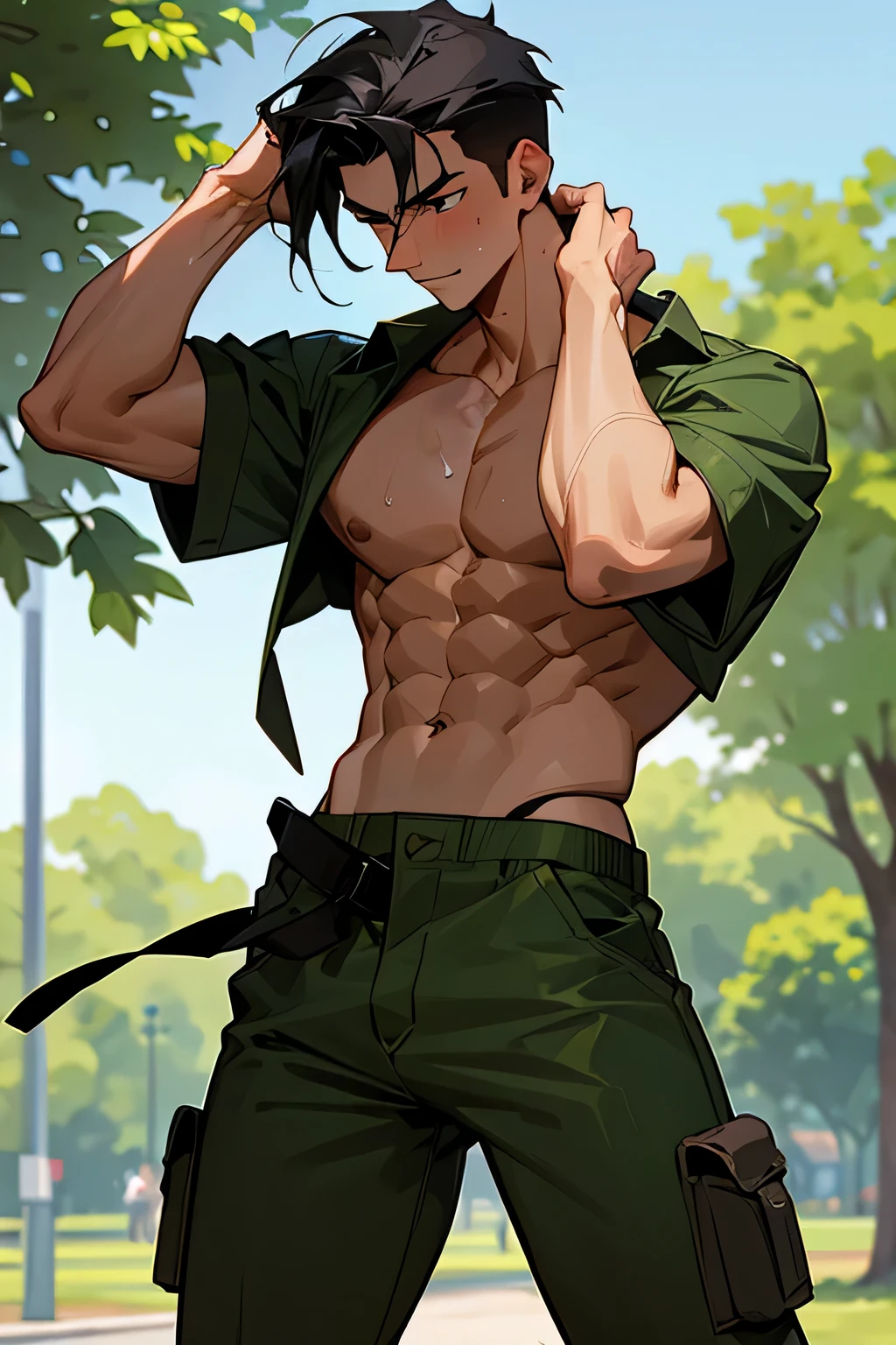 shirtless super muscular sweat-drenched 23-year old short black hair handsome caucasian male, camou pants, camou boots, hands on the head, in the park