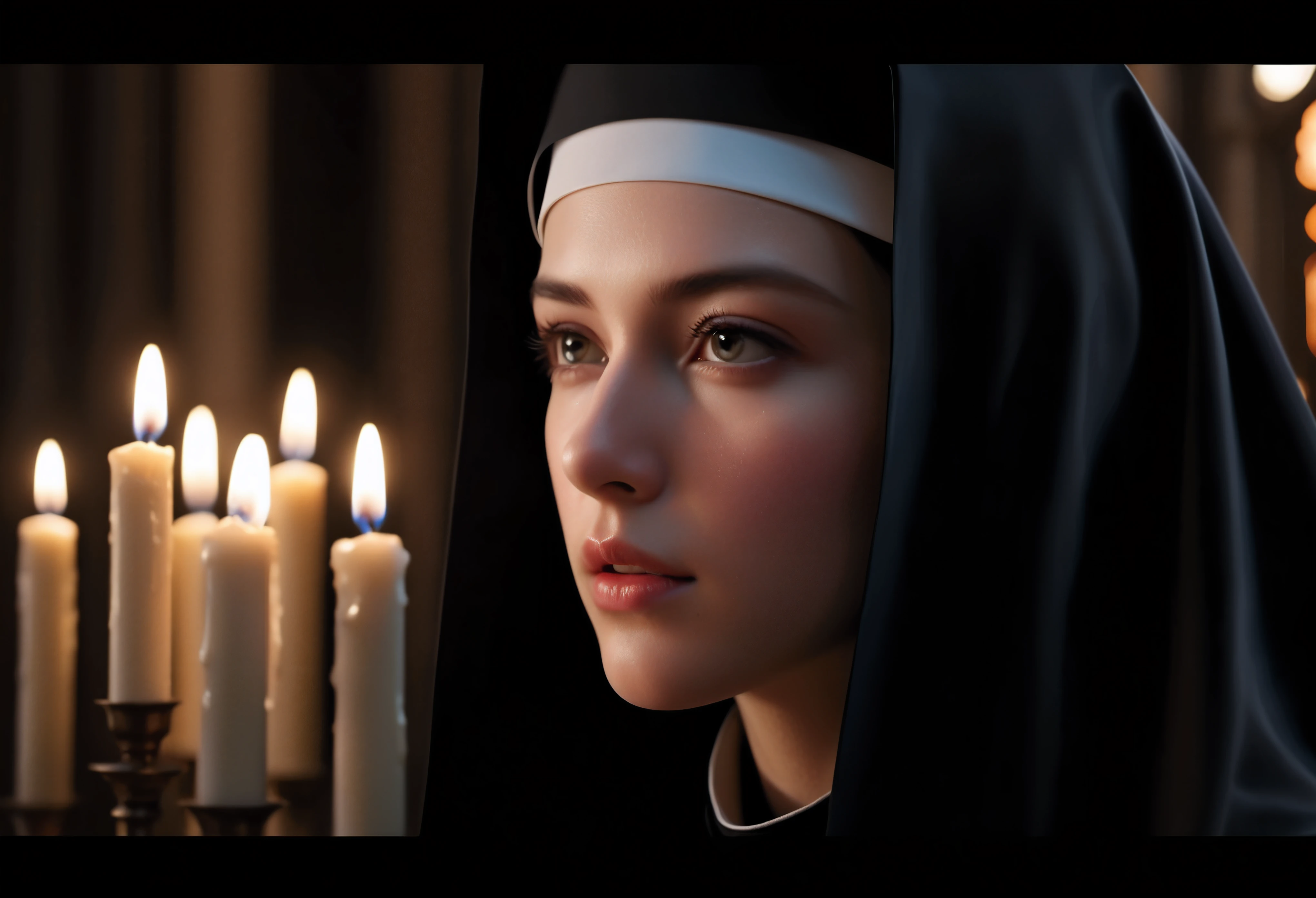 ((Masterpiece in maximum 16K resolution):1.6),((soft_color_photograpy:)1.5), ((Ultra-Detailed):1.4),((Movie-like still images and dynamic angles):1.3). | (Macro shot cinematic photo of a Pretty Nun in a chapel), ((Beautiful Nun):1.2), (A solemn chapel), (macro lens), (exotic antiques), (Dark Candles), (luminous object), (Mysterious atmosphere), (shimmer), (aesthetic ornaments), (visual experience),(Realism), (Realistic),award-winning graphics, dark shot, film grain, extremely detailed, Digital Art, rtx, Unreal Engine, scene concept anti glare effect, All captured with sharp focus. | Rendered in ultra-high definition with UHD and retina quality, this masterpiece ensures anatomical correctness and textured skin with super detail. With a focus on high quality and accuracy, this award-winning portrayal captures every nuance in stunning 16k resolution, immersing viewers in its lifelike depiction. | ((perfect_composition, perfect_design, perfect_layout, perfect_detail, ultra_detailed)), ((enhance_all, fix_everything)), More Detail, Enhance.