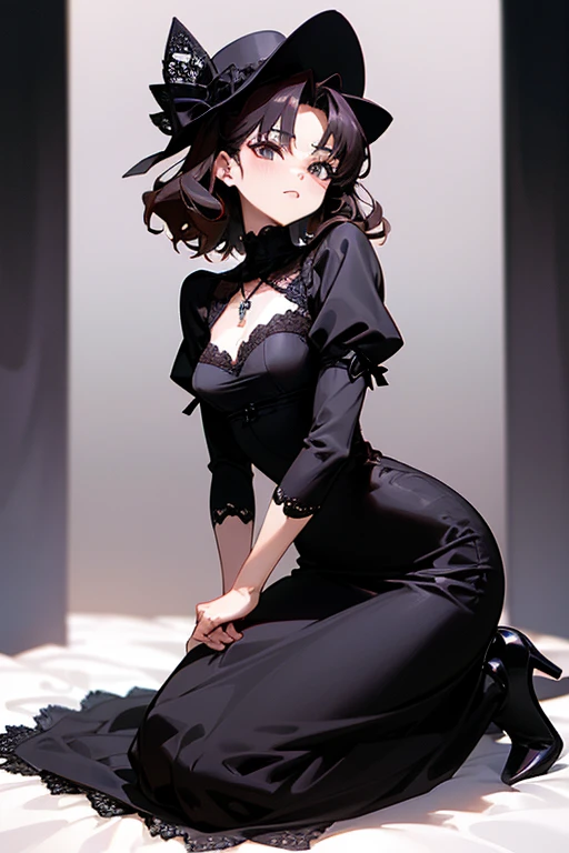 Akina Nakamori、black lace dress、25 years old、Beautiful woman、sexy、White cross necklace on chest、gothic style、miniature small hat、Sharp and cute、Beautiful woman、maria teresa、white lace tops、black tight skirt、elegant、sexy、
