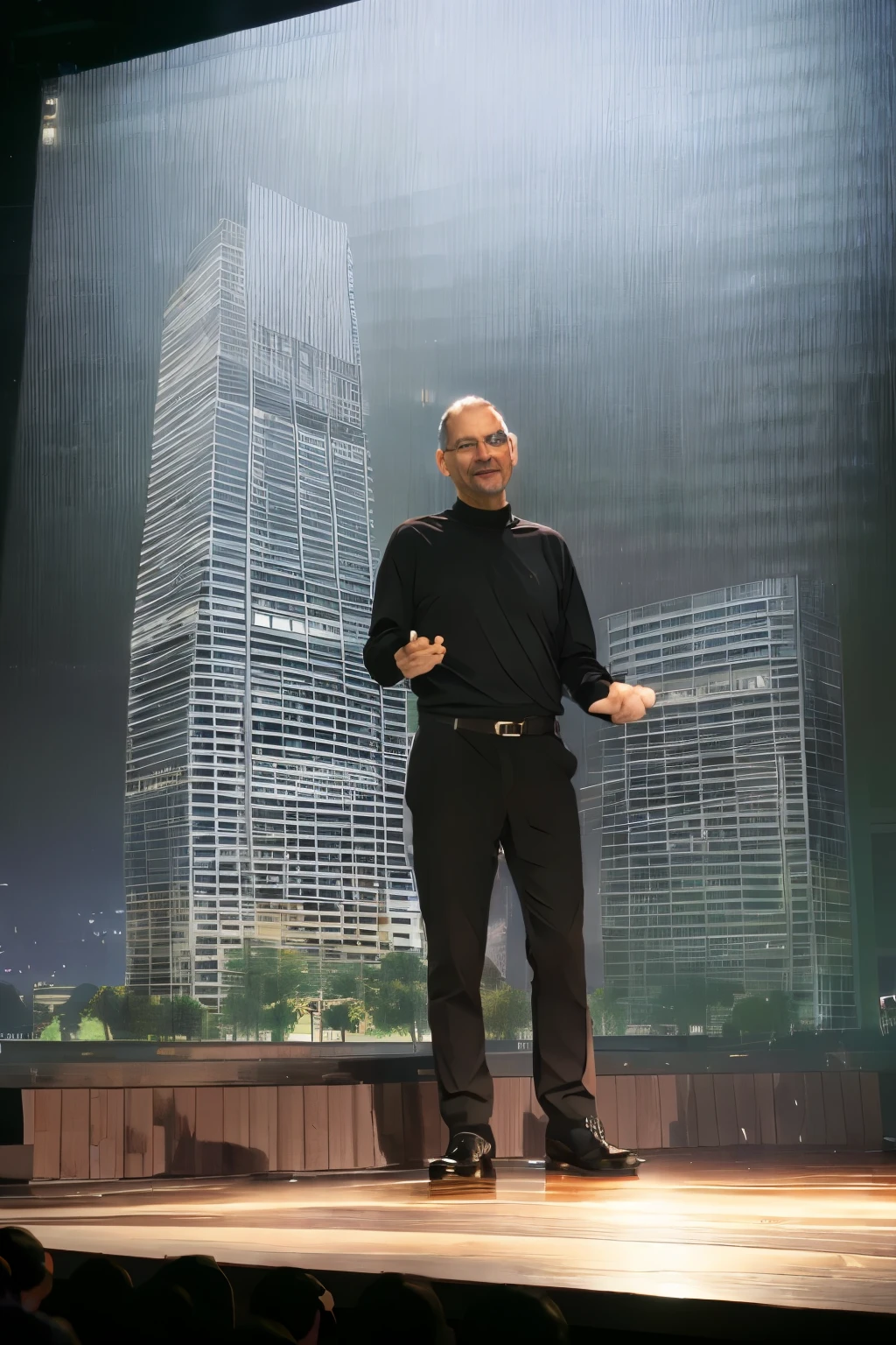 Presenting the annual policy on stage、Draw a Steve Jobs-style man。