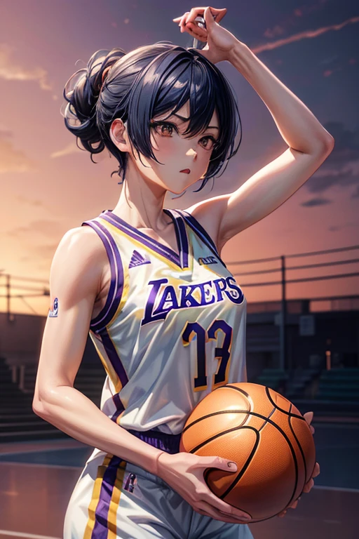 SHINOBU holding a basketball ball in front of a basketall lakers, anime style. 8k, high quality anime artstyle, anime style 4 k, wearing nba jersey, artwork in the style of guweiz, anime artstyle, realistic anime artstyle, beautiful anime art style, trending anime art, anime art style, trending artgerm