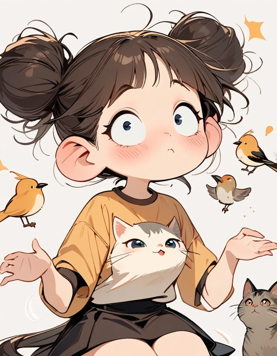 (masterpiece, best quality:1.2), 1 girl, alone，big eyes，a cute chinese girl，shirt，horse face skirt，Birds in the air，Cartoon style character design，exaggerated expression，hair texture，messy bun，a cat，interesting，interesting，clean lines