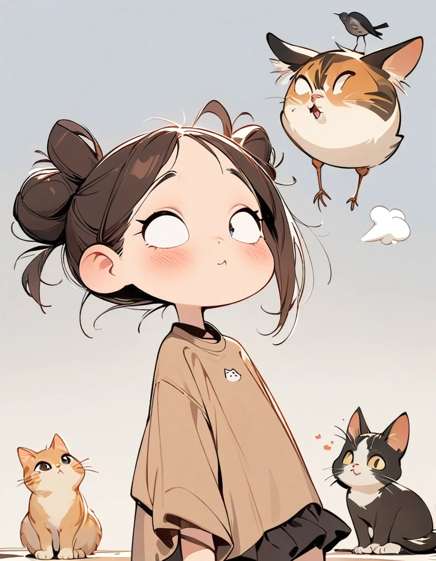 (masterpiece, best quality:1.2), 1 girl, alone，big eyes，a cute chinese girl，shirt，horse face skirt，Birds in the air，Cartoon style character design，exaggerated expression，hair texture，messy bun，a cat，interesting，interesting，clean lines
