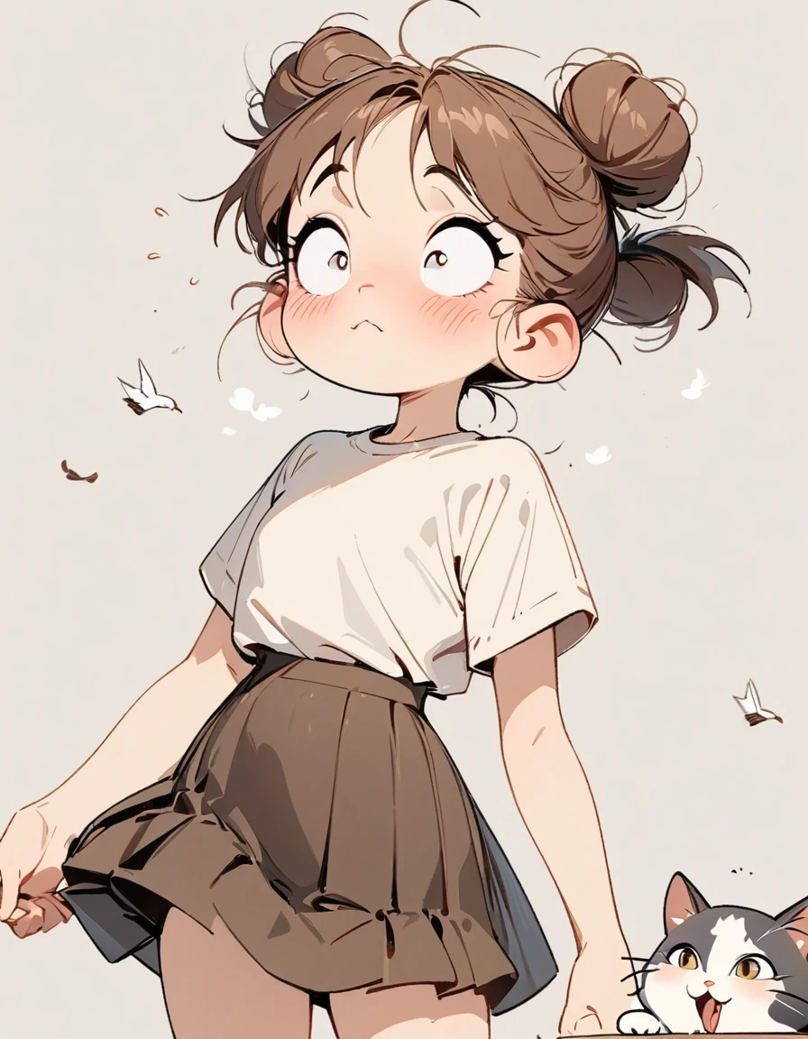 (masterpiece, best quality:1.2), 1 girl, alone,big eyes,a cute chinese girl,shirt,horse face skirt,Birds in the air,Cartoon style character design,exaggerated expression,hair texture,messy bun,a cat,interesting,interesting,clean lines