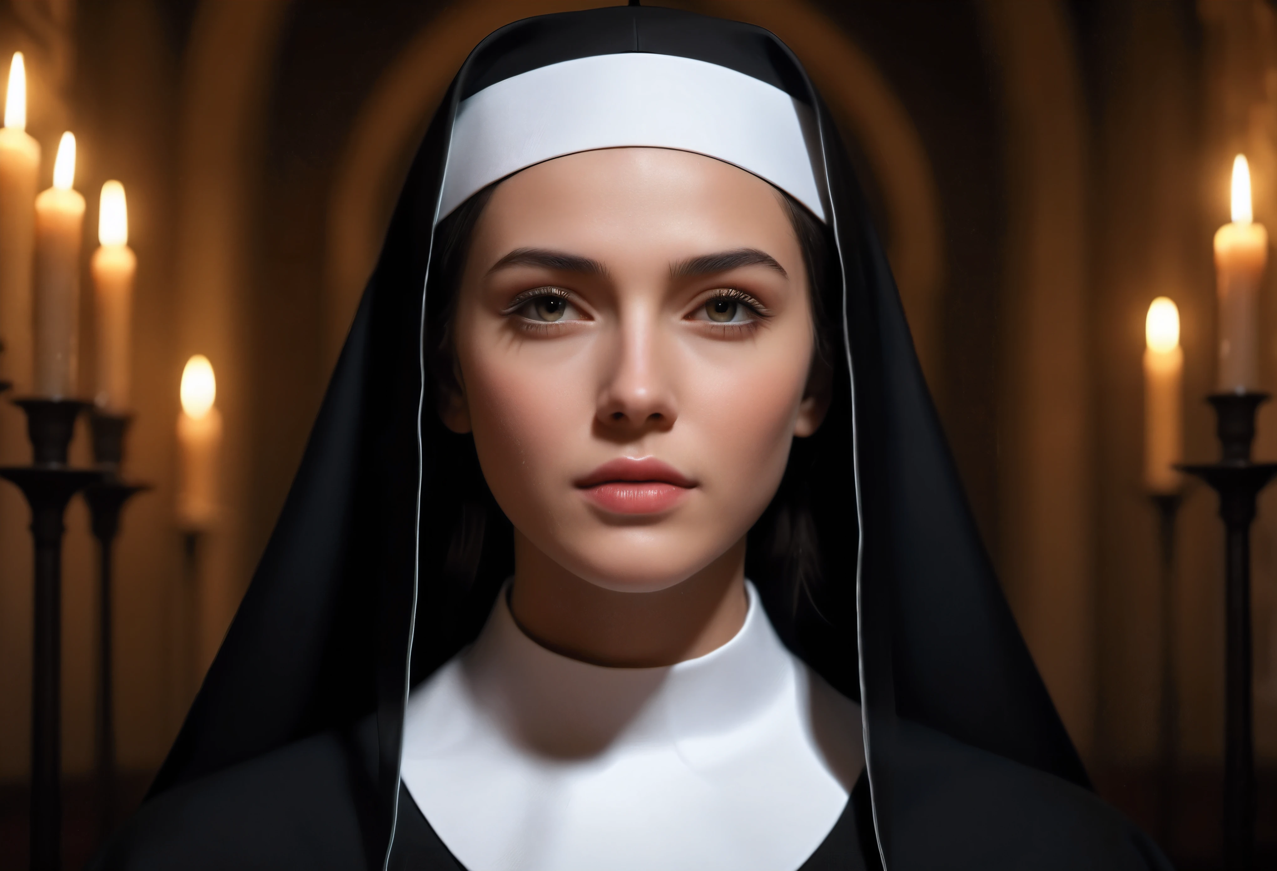 ((Masterpiece in maximum 16K resolution):1.6),((soft_color_photograpy:)1.5), ((Ultra-Detailed):1.4),((Movie-like still images and dynamic angles):1.3). | (Macro shot cinematic photo of a Pretty Nun in a chapel), ((Beautiful Nun):1.2), (A solemn chapel), (macro lens), (exotic antiques), (Dark Candles), (luminous object), (Mysterious atmosphere), (shimmer), (aesthetic ornaments), (visual experience),(Realism), (Realistic),award-winning graphics, dark shot, film grain, extremely detailed, Digital Art, rtx, Unreal Engine, scene concept anti glare effect, All captured with sharp focus. | Rendered in ultra-high definition with UHD and retina quality, this masterpiece ensures anatomical correctness and textured skin with super detail. With a focus on high quality and accuracy, this award-winning portrayal captures every nuance in stunning 16k resolution, immersing viewers in its lifelike depiction. | ((perfect_composition, perfect_design, perfect_layout, perfect_detail, ultra_detailed)), ((enhance_all, fix_everything)), More Detail, Enhance.