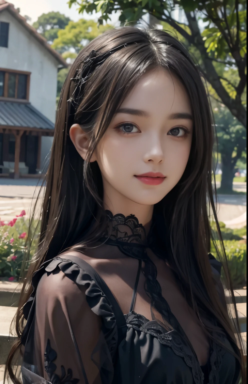 (ultra realistic) , (illustration), (increase resolution), (8K), (extremely detailed), (best illustration), (beautiful detailed eyes), (best quality), (ultra-detailed), (masterpiece),  (wallpaper), (detailed face), solo,1 girl, looking at viewers, black straight hair, delicate details,  in the dark, deep shadow, low key, pureerosfaceace_v1, happy smile, dark summer dress, full body, garden