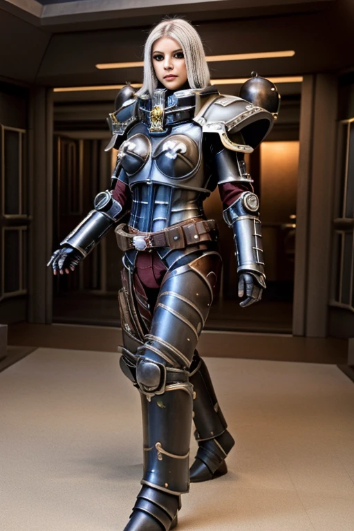 ((best quality)), ((masterpiece)), (detailed), perfect face, playful 20 year old woman, muscular and athletic body.  Sensual pose. Inside a spaceship, wearing highly detailed futuristic skimpy mandalorian armor