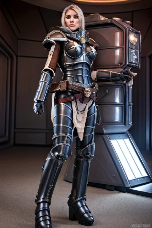 ((best quality)), ((masterpiece)), (detailed), perfect face, playful 20 year old woman, muscular and athletic body.  Sensual pose. Inside a spaceship, wearing highly detailed futuristic skimpy mandalorian armor