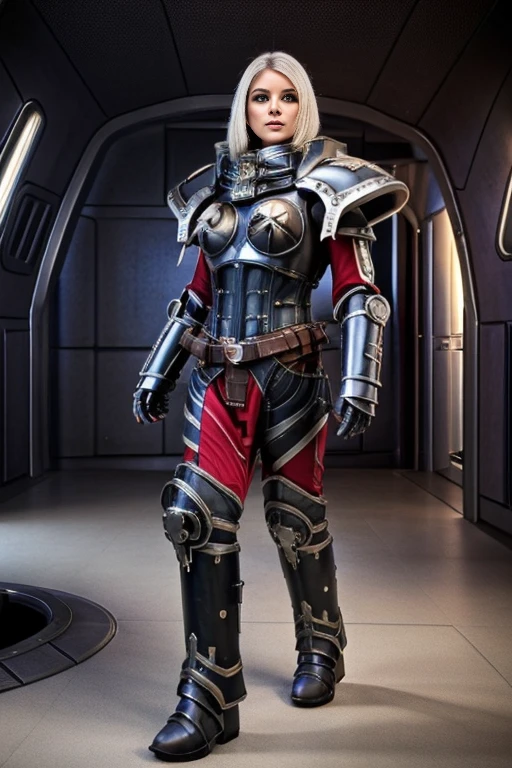 ((best quality)), ((masterpiece)), (detailed), perfect face, playful 20 year old woman, muscular and athletic body.  Sensual pose. Inside a spaceship, wearing highly detailed futuristic skimpy mandalorian armor