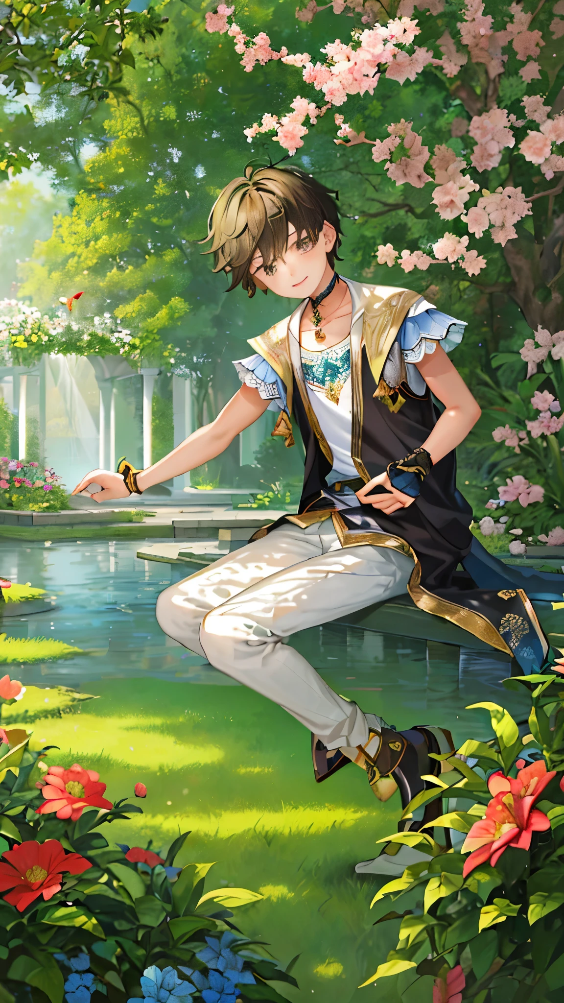 In the realm of digital artistry, the masterpiece unfolds before us, meticulously crafted by the brilliant minds of Sea Art's artificial intelligence and AI painting technology. This exquisite work of art, titled "The Secret Garden of Kouhav1", embraces the vibrant energy of a lone boy adorned in his . The scene transports us to a serene and private corner nestled amongst the lush greenery, where every detail holds a profound sense of depth and emotion.
The boy, with an expression of embarrassment, stands solo in the middle of a tranquil garden, surrounded by the blooms of various hues. The sunbeams filter through the