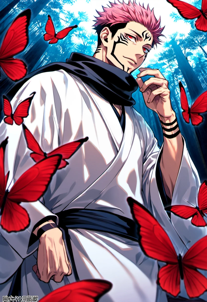 Ultra detailed, Highres, absurdres, HDR, Ryomen Sukuna, pink hair, red eyes, black scarf, white kimono, Jujutsu Kaisen, blue forest, red butterflies, handsome, 1 man only,