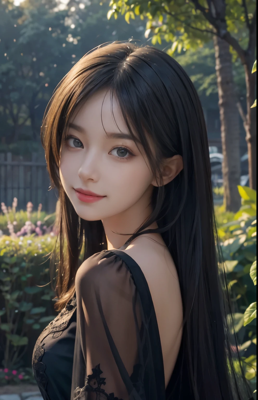 (ultra realistic) , (illustration), (increase resolution), (8K), (extremely detailed), (best illustration), (beautiful detailed eyes), (best quality), (ultra-detailed), (masterpiece), (wallpaper), (detailed face), solo,1 girl, looking at viewers, black straight hair, delicate details, in the dark, deep shadow, low key, pureerosfaceace_v1, happy smile, dark summer dress, full body, garden