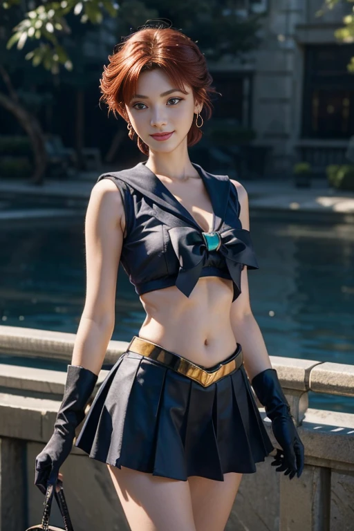close up， 1 girl， sailor neptune， （sailor senshi：1.2）， （aqua eyes：0.9），（ Red hair 1.2｝， short hair， Wedge skirt， best quality， earrings， masterpiece， high resolution， intricate details， （Reality）， photography， （Black Elbow Gloves：1.1）， jewelry， medium breasts，cleavage:1.2， whole body， dynamic background，（ Dynamic Pose 0.8）(dynamic angle:1.4)，Super detailed face，Highly detailed and professional lighting，Smile，perfect hands